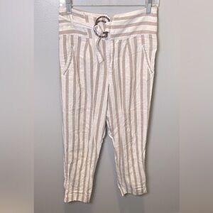 Anthropologie Women's Oasis Linen White Tan‎ Striped High Rise Pants Size 2